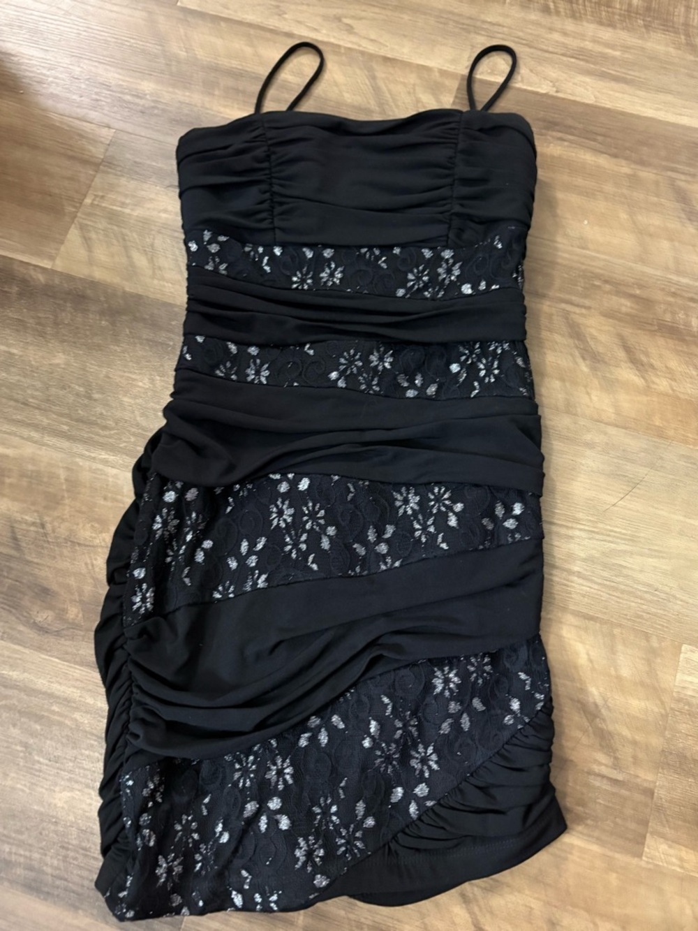 Storm Black Lace Ruched Spaghetti Strap Mini Dress